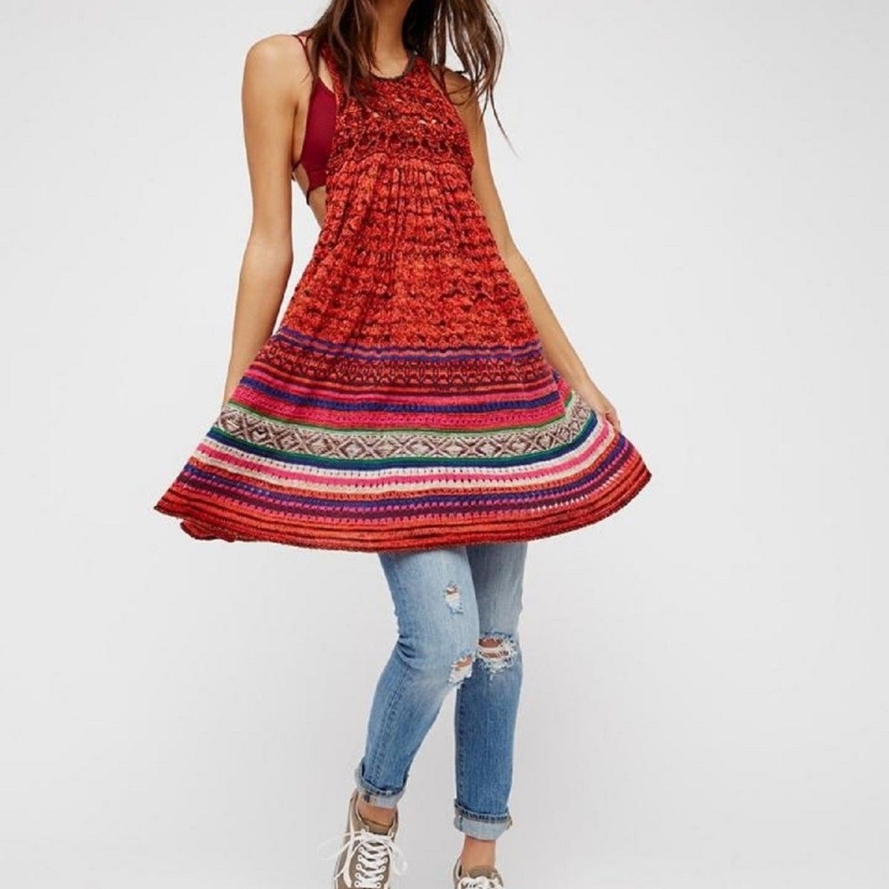 NEW FREE PEOPLE Rare Hearts Tunic Sweater Top Red M